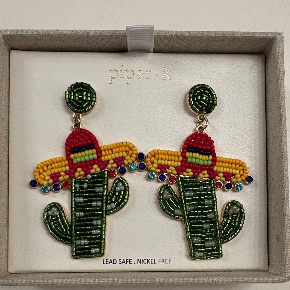 Piper K Sombrero Cactus Beaded Earrings NWOT Original Box